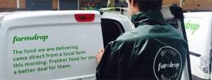 Farmdrop van and van driver with lettering: The food we are delivering came from a local farm this morning. Fresher food for you, a better deal for them." 
